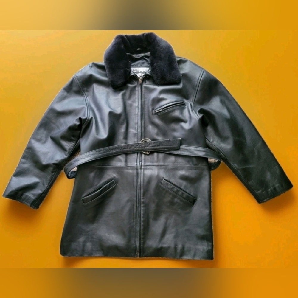 Pelle Studio Wilsons Men's Black Leather Jacket Full Zip Belted Coat Size Small